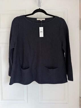 LOFT Navy Long-Sleeve Knit Top with Front Pocket Slits